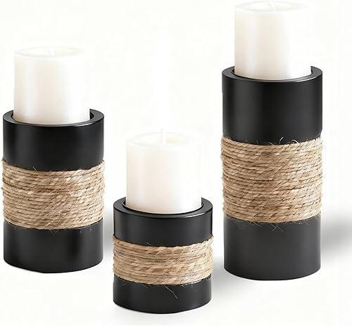 Portavelas de madera, 3 portavelas rústicos para velas de pilar, portavelas decorativos con acento de cuerda natural, portavelas de madera