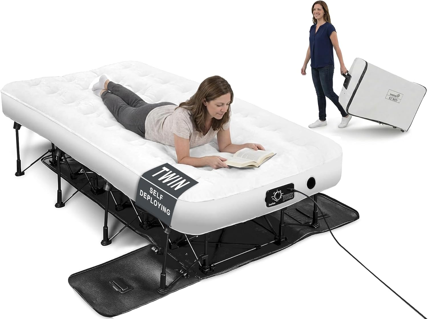 Ivation EZ®-Bed (Twin) Inflatable Air Mattress with Frame & Built-in Pump - 3 Min Self Inflate/Deflate - Raised Blow up Bed with Legs, Auto Shut Off, Premium Coil Design, Wheeled Portable Case