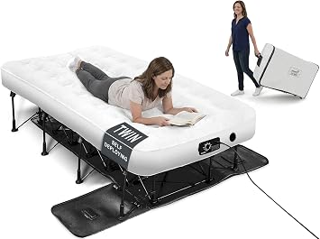 Ivation EZ-Bed (Twin) Inflatable Air Mattress with Frame & Built-in Pump - 3 Min Self Inflate/Deflate - Raised Blow up Bed with Legs, Auto Shut Off, Premium Coil Design, Wheeled Portable Case