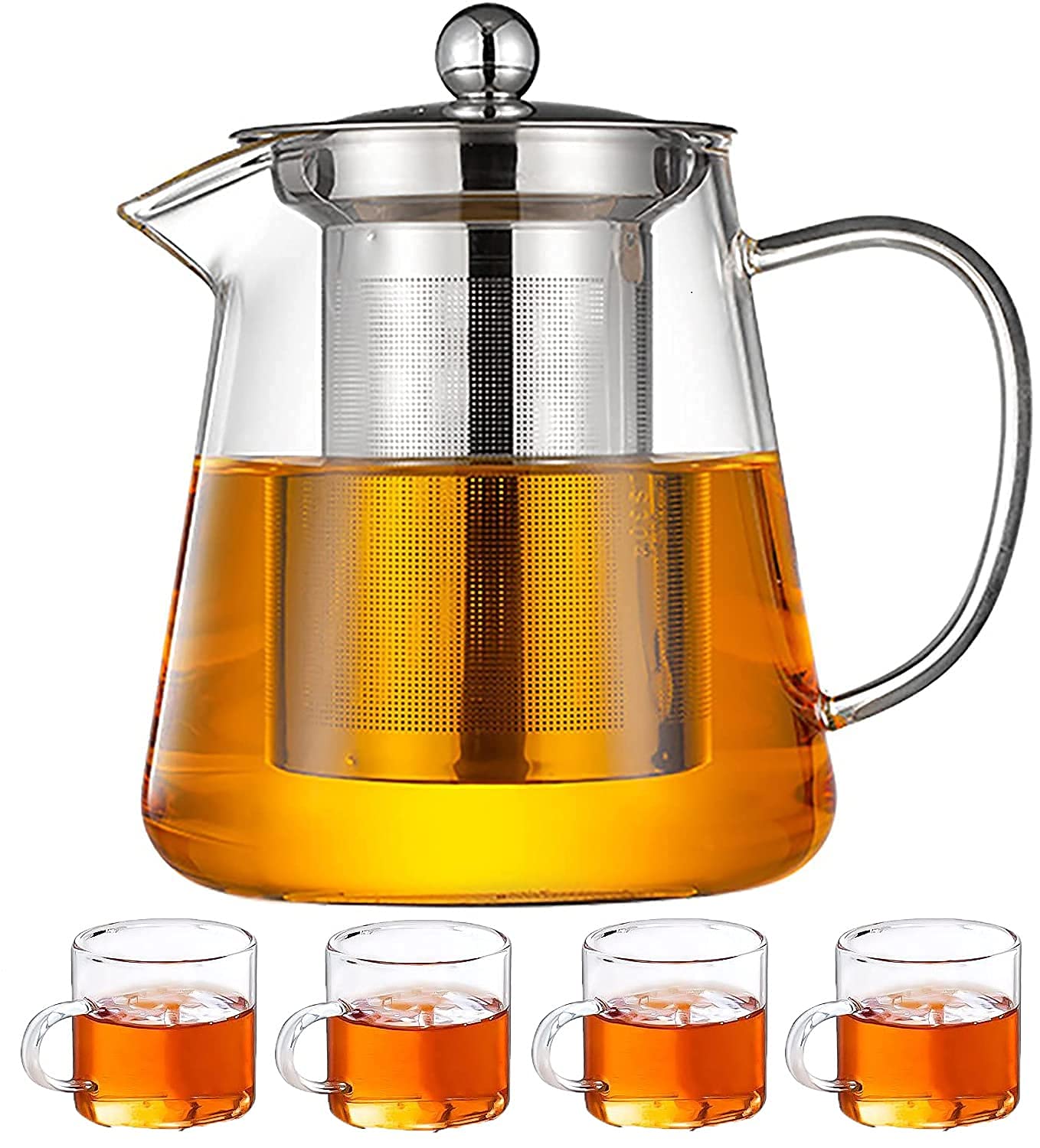 EASYDEXRound Shape Borosilicate Glass Teapot Kettle 950ml Set of 5 pcs Mug Transparent
