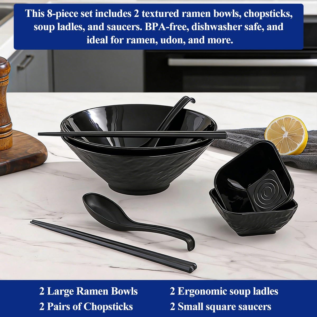 Berglander Ramen Bowl Set 40 oz of 2 with Dipping Bowls Chopsticks Spoons, Unbreakable Japanese Style Plastic Noodle Soup Bowls for Asian Pho Soup Thai Miso Udon Wonton