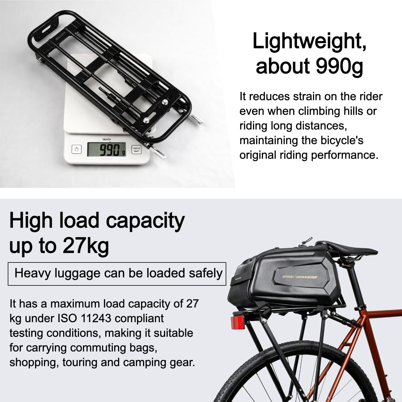 GORIX Bike Rear Carrier Rack 26-29in 700c Maximum 27kg Lightweight Luggage Mountain Gravel Road Bicycle (GRR317)