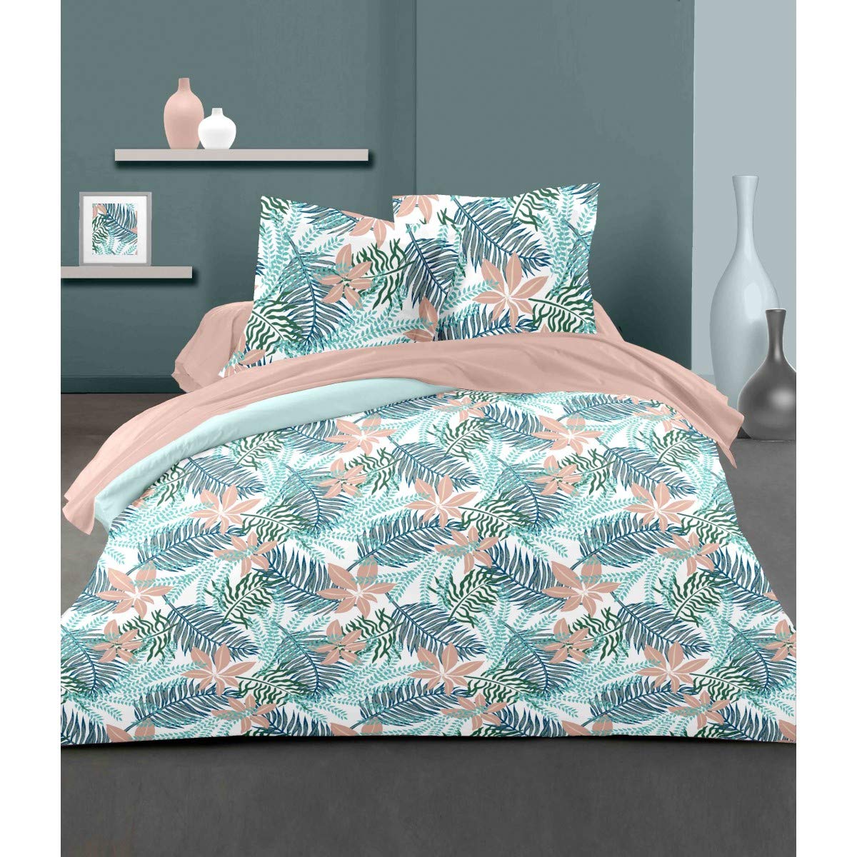 Home Linge Passion | Copripiumino - 3 Pezzi | 100% Cotone - 57 Fili | 2 Persone - 220x240 cm | AMAZONIE - Bianco E Corallo