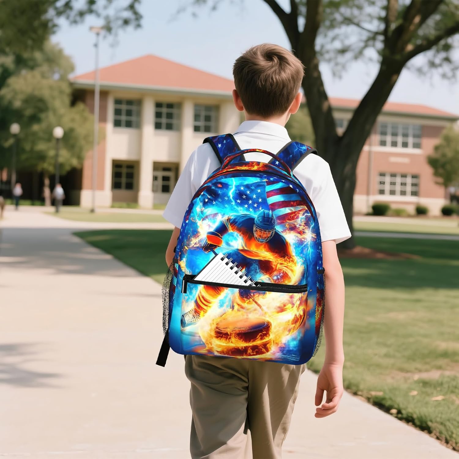 Ice Hockey School Backpack for Kids Boys American Flag Sports Ball Backpack for Boys Children Teens Elementary Middle School Students Bookbag