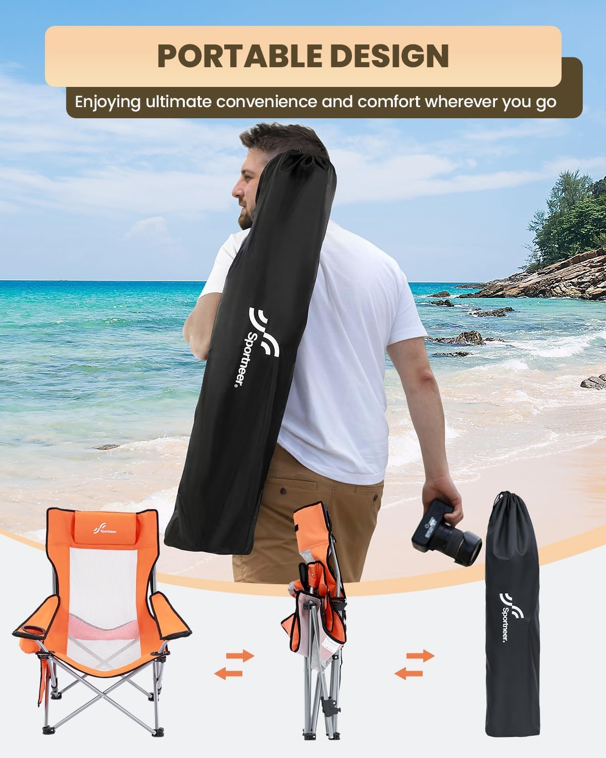Sportneer Portable Beach Chair for Adults - Position Recliner with Cup Holder, Side Pocket & Carry Bag, Compact Folding Chair with Lumbar Support for Camping, Beach, Festivals