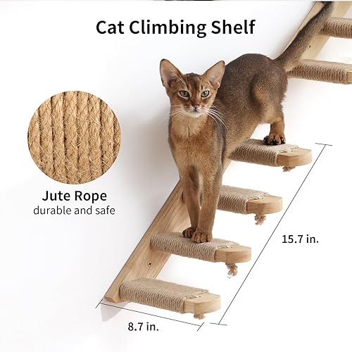 Miniatura 2 de FUKUMARU Muebles de pared para gatos, juego de 3 estantes de pared para gatos, estante de madera maciza de goma para gatito para dormir, jugar,