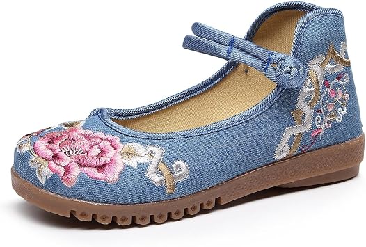Women's Floral Handmade Embroidered Flats Shoes Chinese Traditional Style Ankle Strap Shoes Cheongsam Walk Show Yoga Ballet Shoes Casual Slip-On ShoesBlue,5 UK