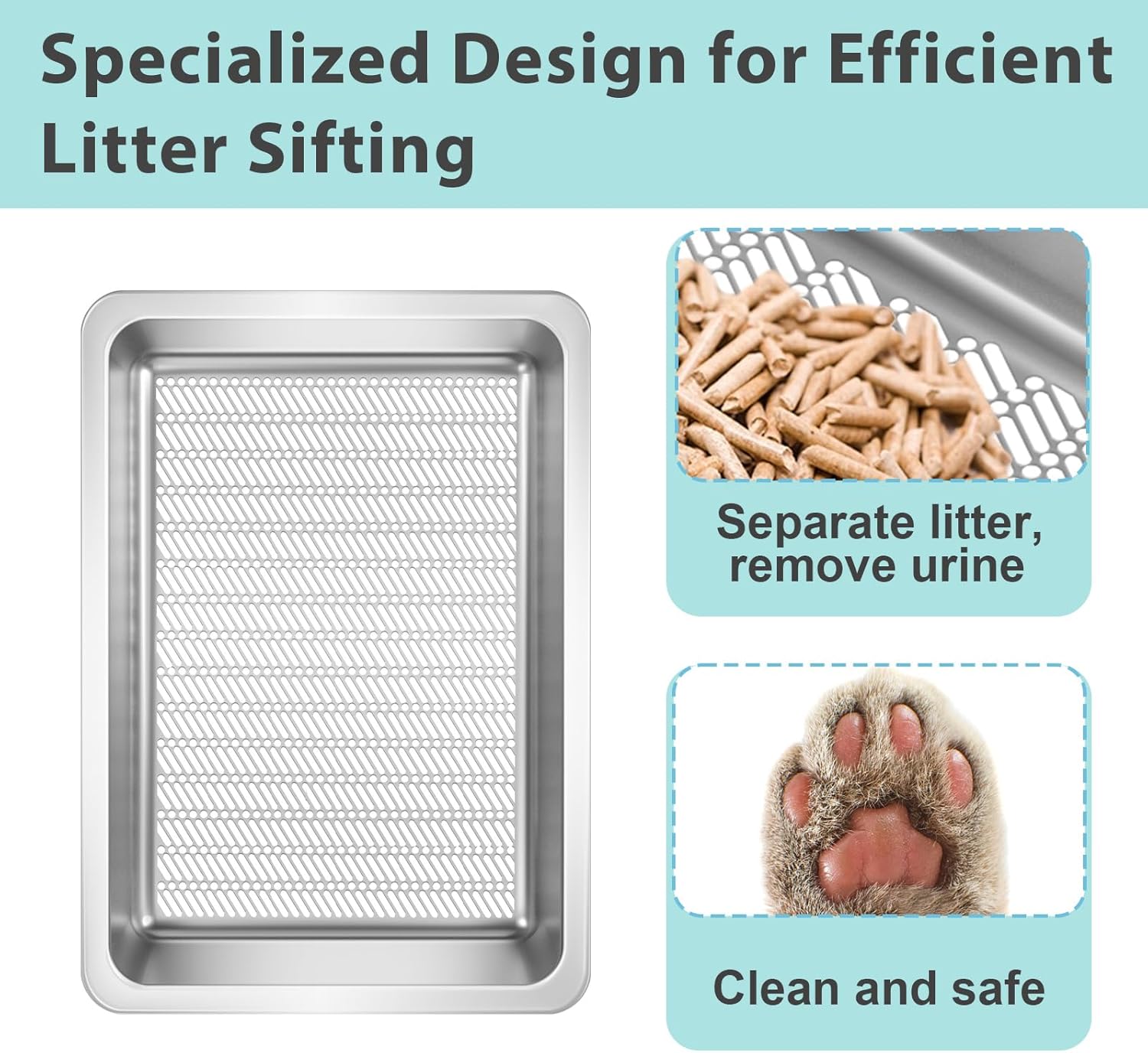 Stainless Steel Sifting Litter Box for Pine Pellets,Sifting Cat Litter Box for Wood Pellets,Large Sifter Litter Pan System with Litter Liners and Scoop-17.72'' L x13.78'' W x6''H