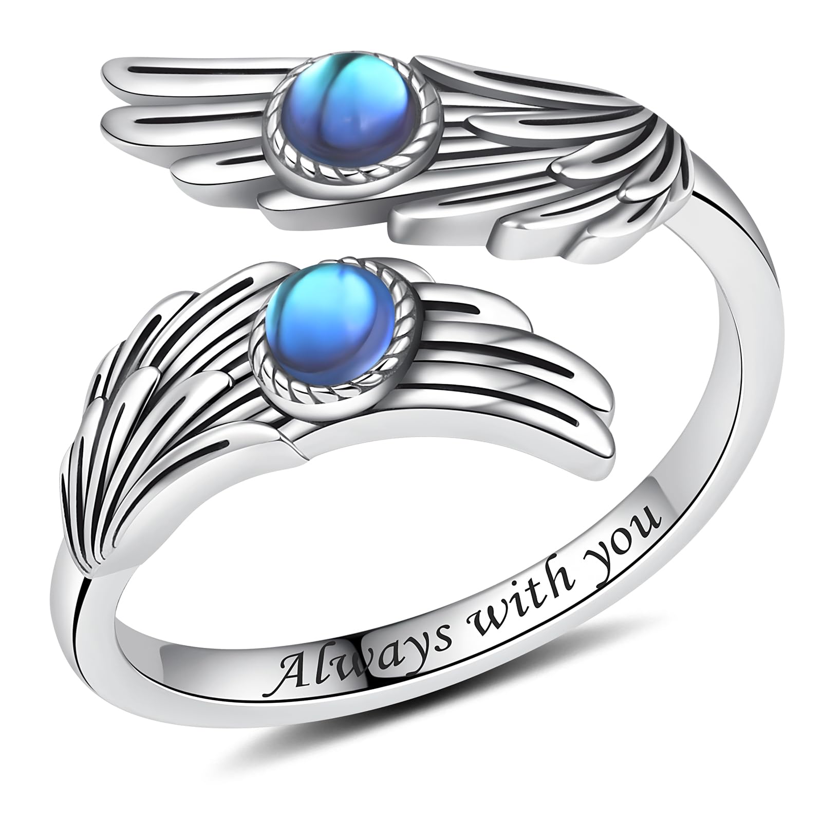 YLT 925 Sterling Silver Moonstone Feather Angel Wings Ring Adjustable Dainty Wrap Open Thumb Rings for Women