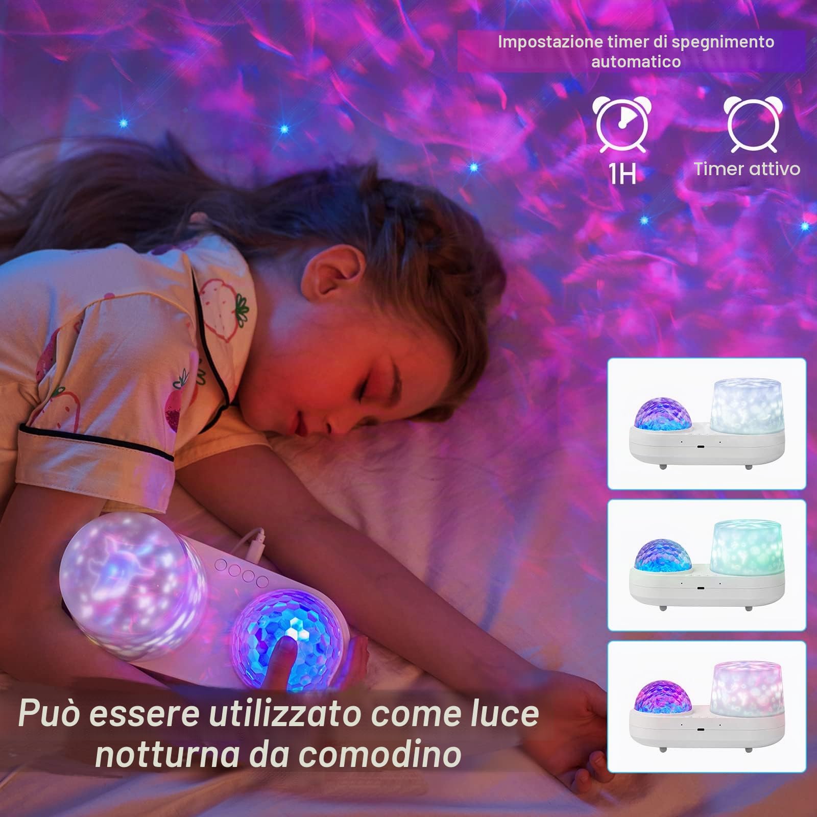 Proiettore di luce notturna oceanica, proiettore galassia per bambini per camera da letto, proiettore nebulosa con cavo USB, rotazione a 360 gradi, lampada notturna per bambini per decorare