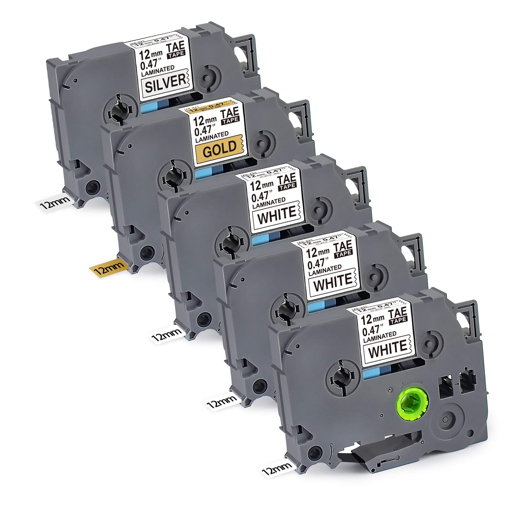 RAEMALL Replacement for Brother P Touch Label Tape,TZe Labels Tape 12mm 0.47 Laminated White/Silver/Gold Compatible with Brother P Touch PT-D210 H110 D400AD D600 Label Maker,5 Pack