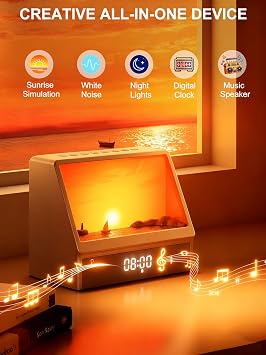 Sunrise Alarm Clock for Bedrooms, White Noise Machine Creative Simulated Sunrise Animation with 7 Modes, 12 Natural Sounds, Music Speaker & Remote, Wake Up Light Sunset Lamp Gifts for Heavy Sleepers