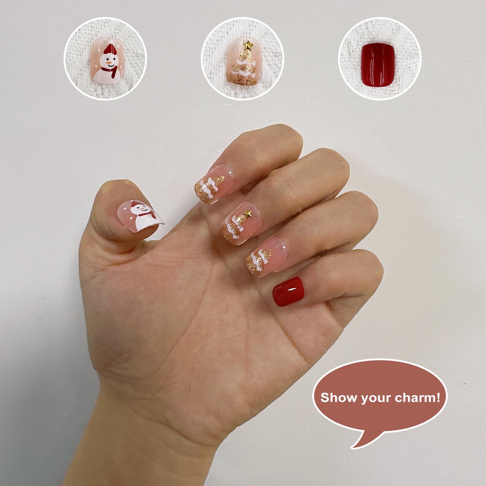 24PCS Christmas Press on Nails Xmas Short Fake Nails Cute Fingernails with Snowman And Christmas Tree Pattern Design Glossy Acrylic Nails for Women or Girls - Image 2