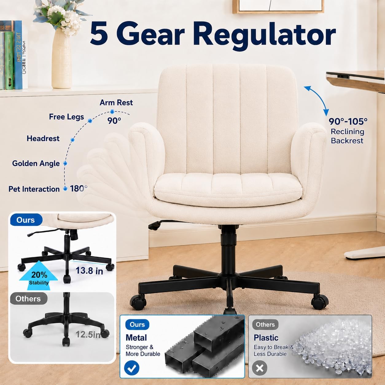 Criss Cross Office Chair with Wheels and Arms, Vanity Chair with Back, Comfy Swivel Cross Legged Office Chairs for Ultimate Comfort and Support, Unique Multifunctional Stylish Arms (Beige)