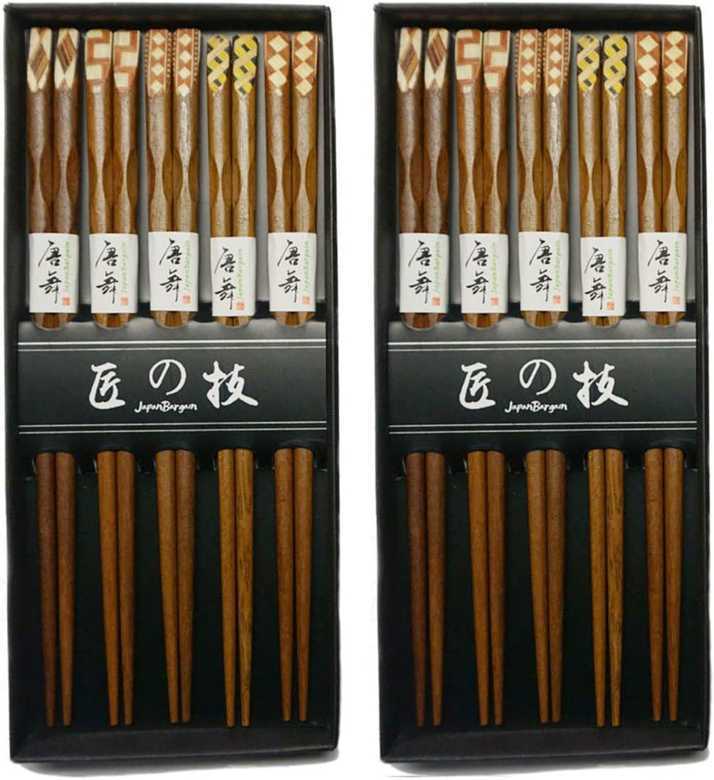 JapanBargain 4508x10, Bamboo Chopsticks Reusable Japanese Chinese Korean Wood Chop Sticks Hair Sticks 5 Pair Gift Boxed Set Dishwasher Safe, 9 inch, Brown, Sakura Cherry Blossom, Set of 10