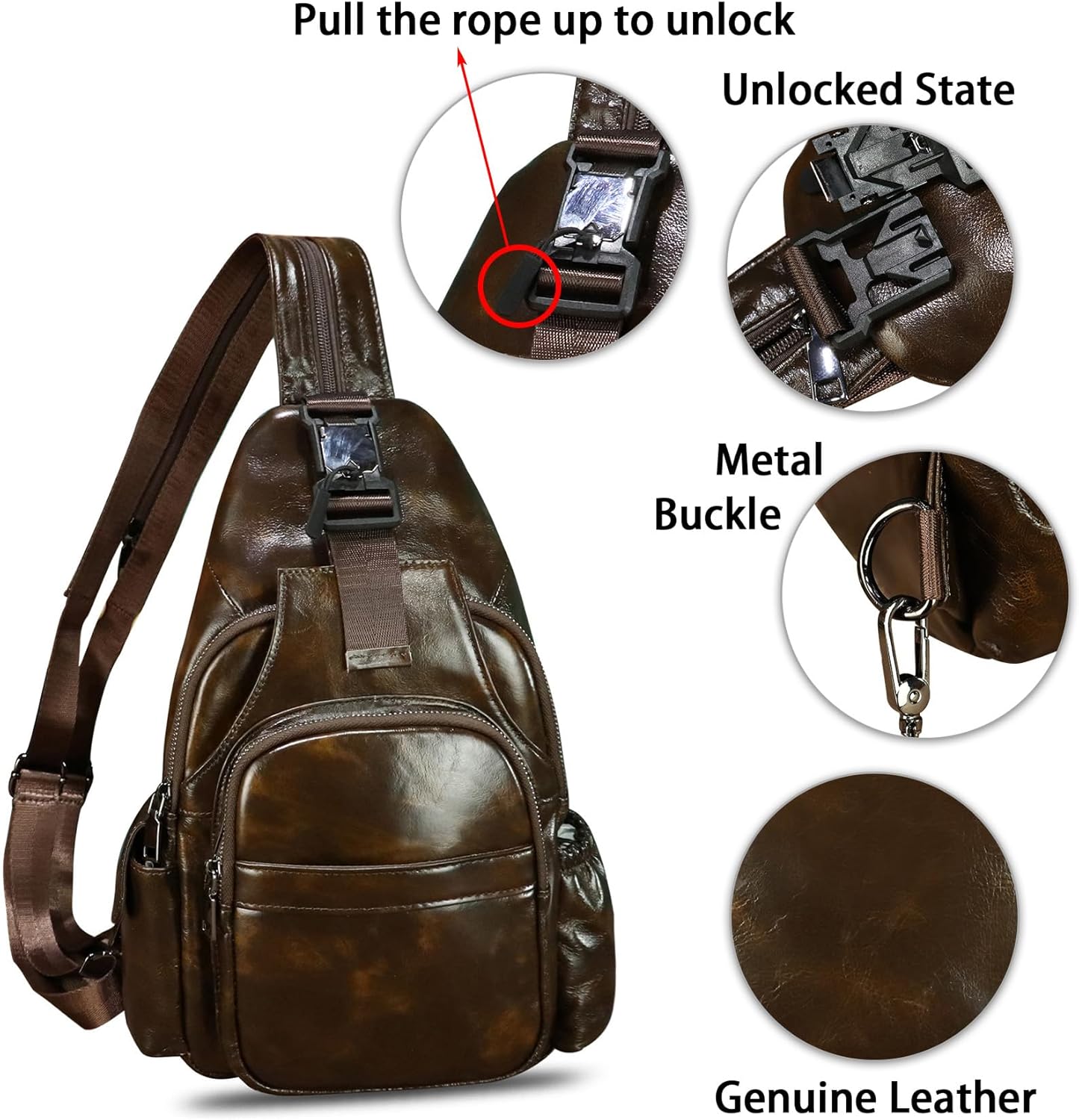 LRTO Genuine Leather Sling Bag for Men and Women Handmade Sling Backpack Purse Chest Over Shoulder Crossbody Bag Large Capacity (Coffee) - Image 6