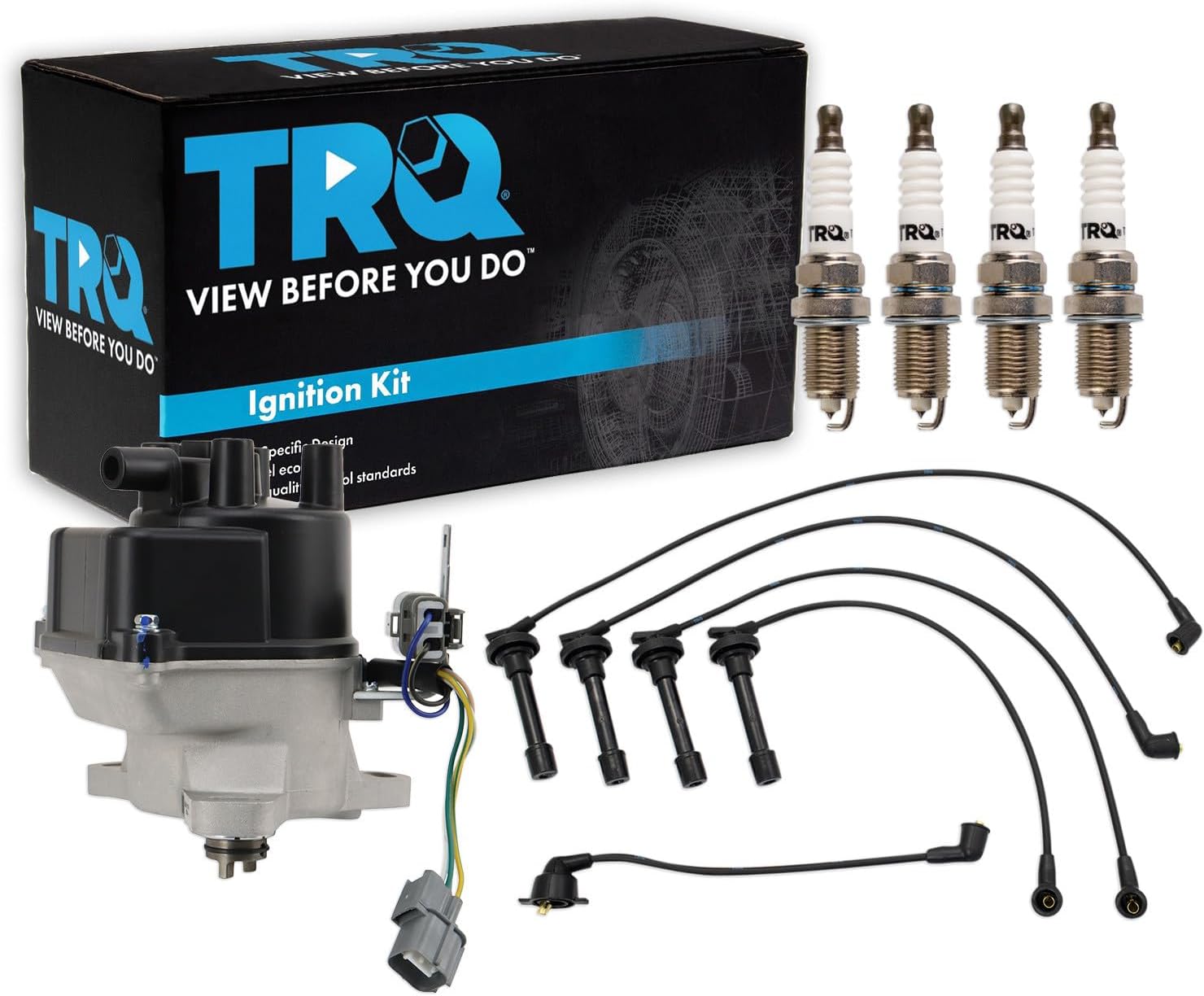 TRQ Ignition Coil and Spark Plug Kit 6 Piece Distributor Spark Plug Wires Compatible with 1996-1997 Honda Accord 1996 Prelude