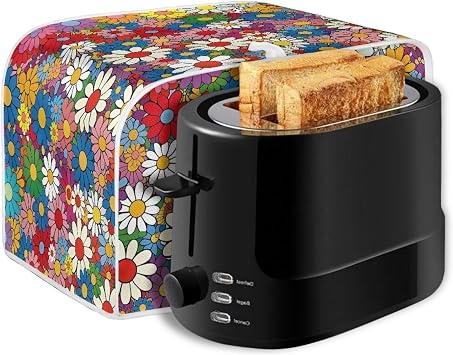 Daisy Flowers Printed Toaster Cover 4 Slice Wide Slot, Washable Kitchen Appliance Small Oven Bakeware Protector, Bread Maker Cover Dust and Fingerprint Protection