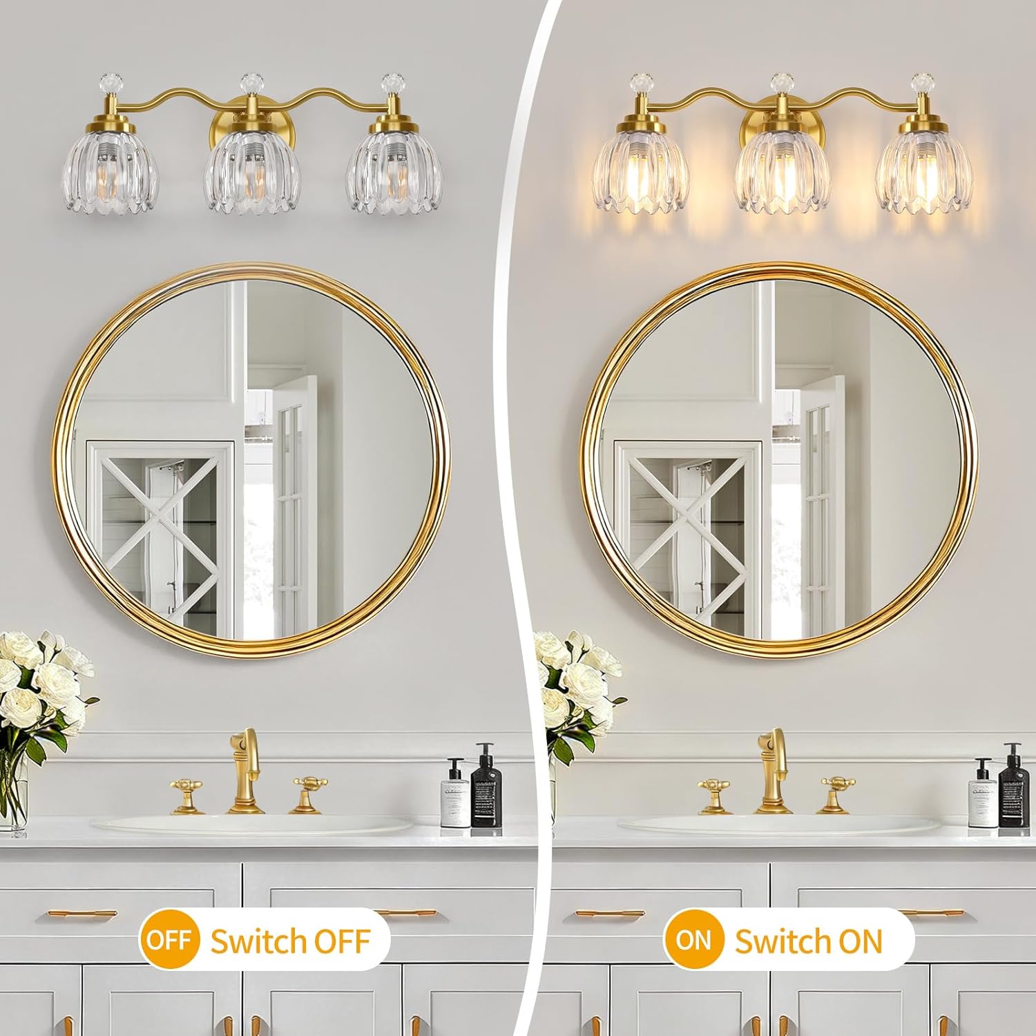 3-Light Bathroom Light Fixtures Vanity Lights for Bathroom, Wall Lights for Mirror | Clear Glass Shade | Bulbs Not Included | Brushed Gold