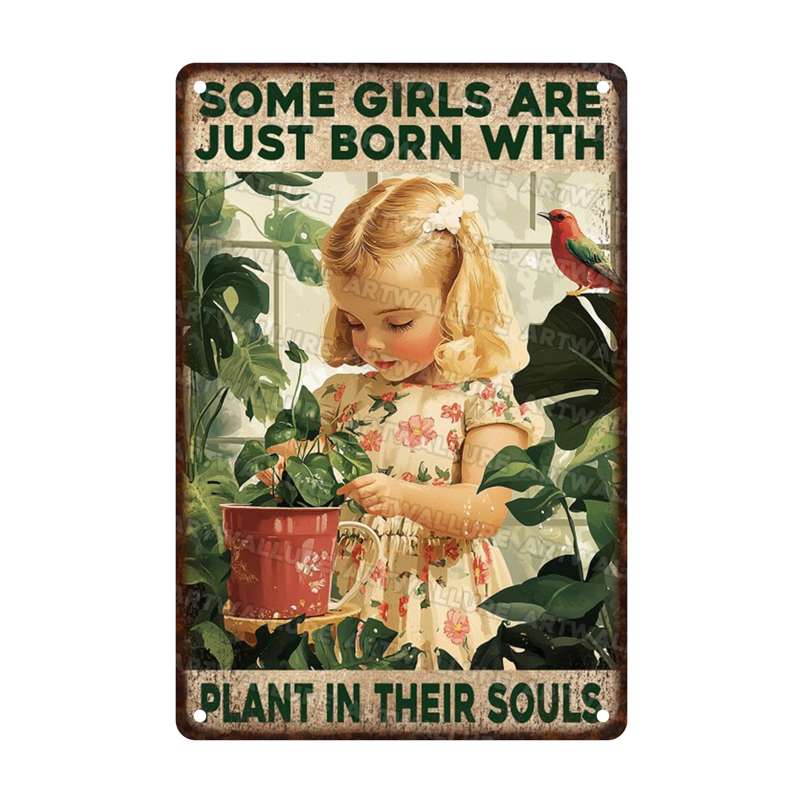 Retro Gardening Girl Metal Tin Sign Rustic Wall Decor Vintage Botanical Art Some Girls Soul Plants Quote 8x12inch