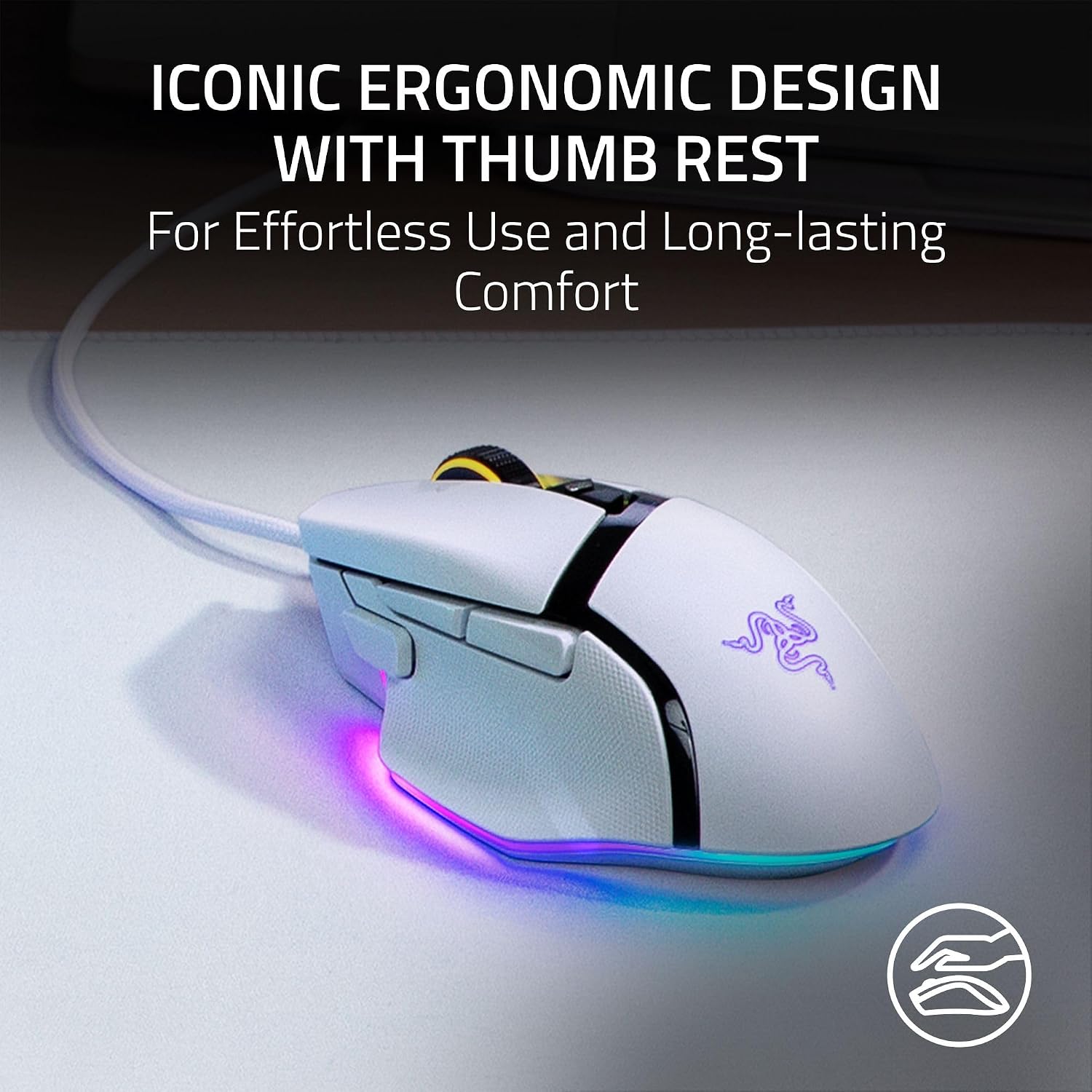 Razer Basilisk V3 Customizable RGB Wired Ergonomic Gaming Mouse, White, цвет: Белый — фото 5