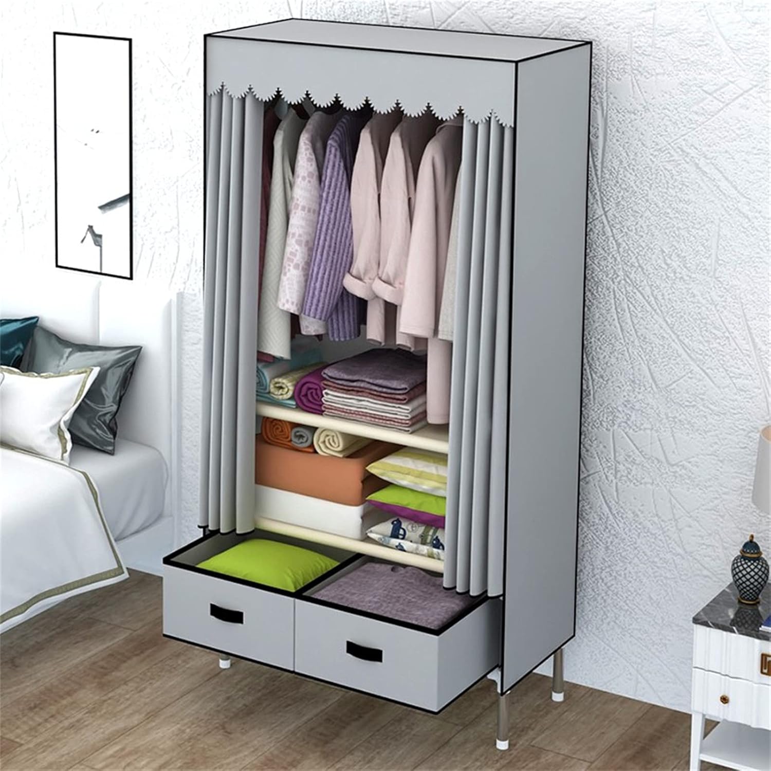 Single Wardrobe,Bedroom Metal Wardrobe Suspension Clothes Rail Storage Box with Drawer Assembly Fabric Wardrobe 160 * 110 * 45CM(Size:168 * 140 * 45CM,Color:Gray) (A 168 * 70 * 45CM)