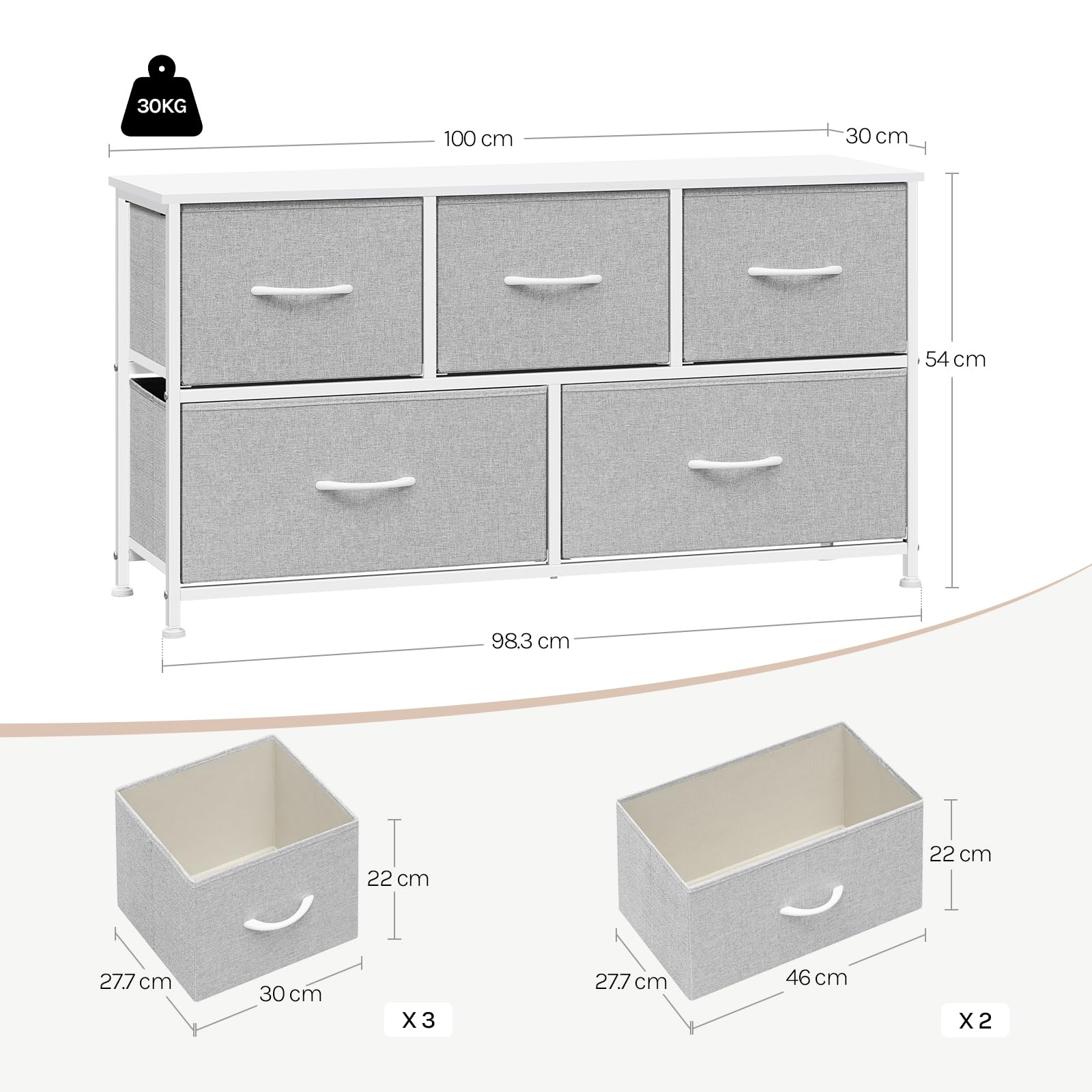 WOLTU Kommode mit 5 Schubladen aus Stoff, Kommodenschrank Sideboard TV-Schrank, für Wohnzimmer Schlafzimmer Flur, aus Metallrahmen Holzwerkstoff, Hellgrau+Weiß, SSK005hgws
