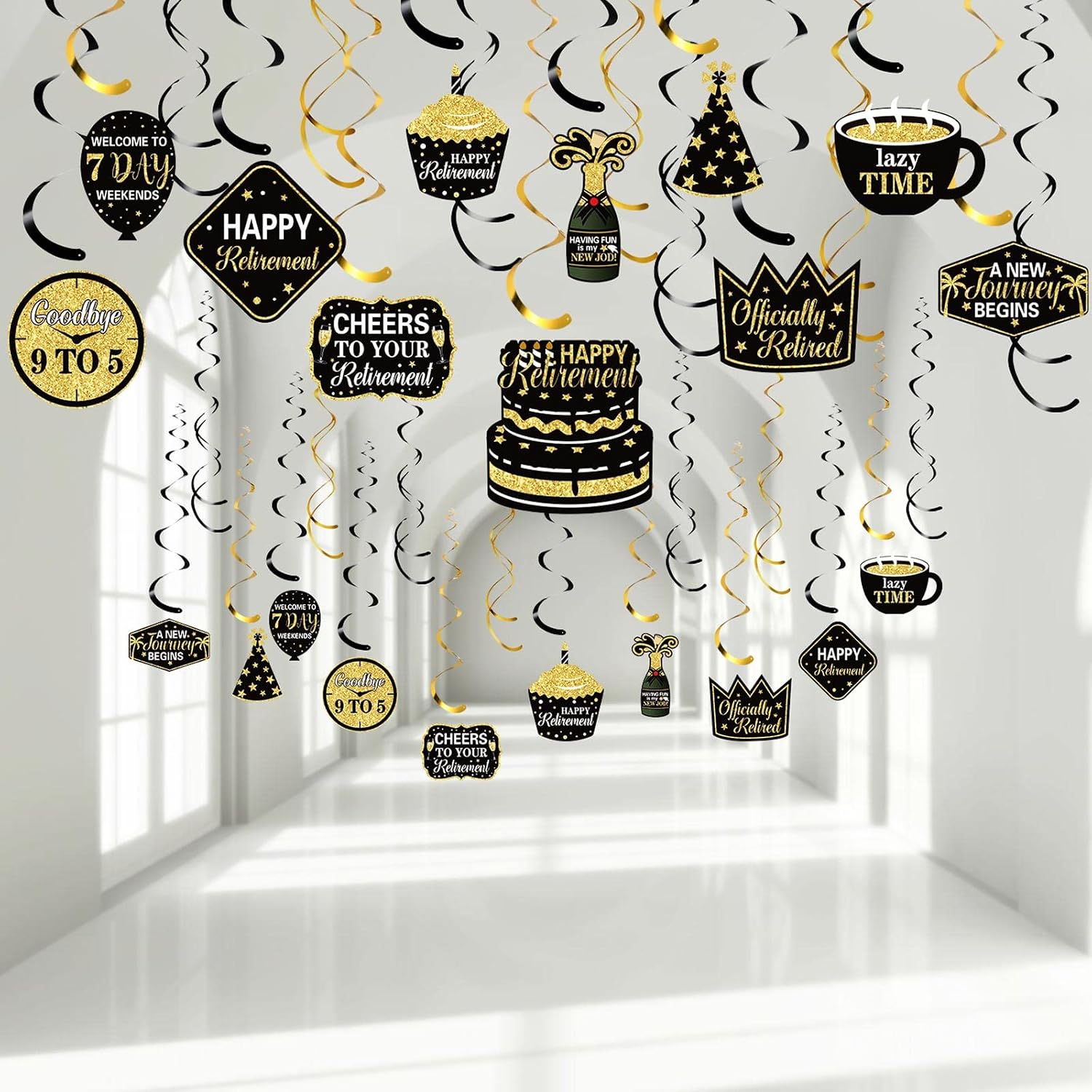30 Pieces Retirement Party Hanging Swirls Decorations, Happy Retirement Office Retirement Swirls Decorations Foil Ceiling Decorations for Men Women Retirement Party Black Gold