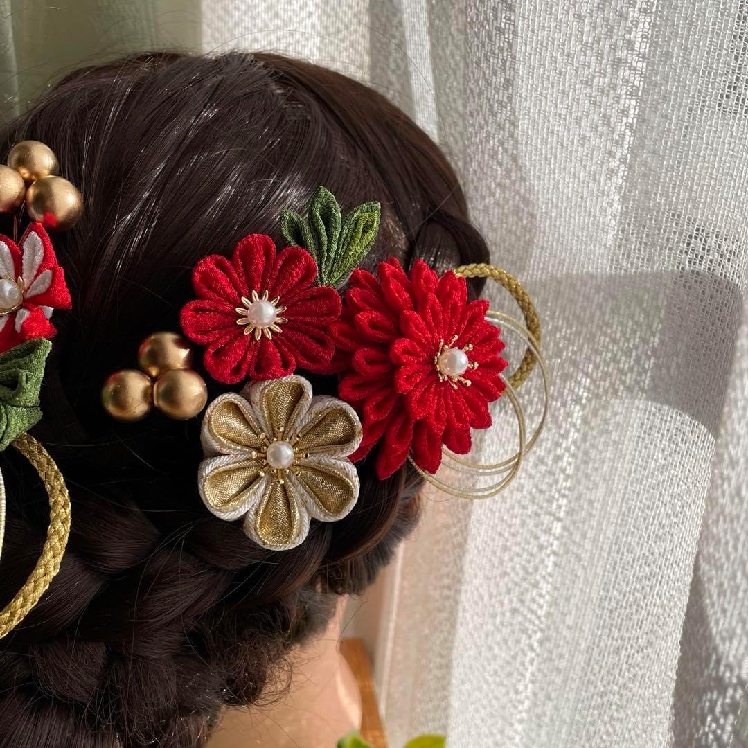 つまみ細工髪飾り 成人式 卒業式 晴れ着 紅白 赤 振袖 和装 着物 袴 えんじ