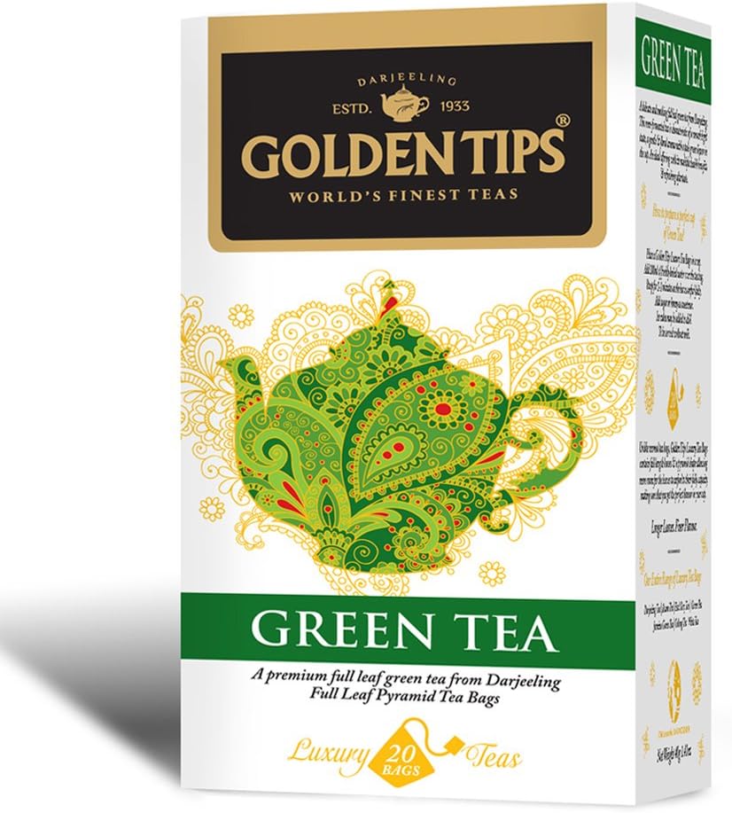 Golden Tips Green Darjeeling Tea, Full Leaf Pyramid Tea Bags, 20-count Box