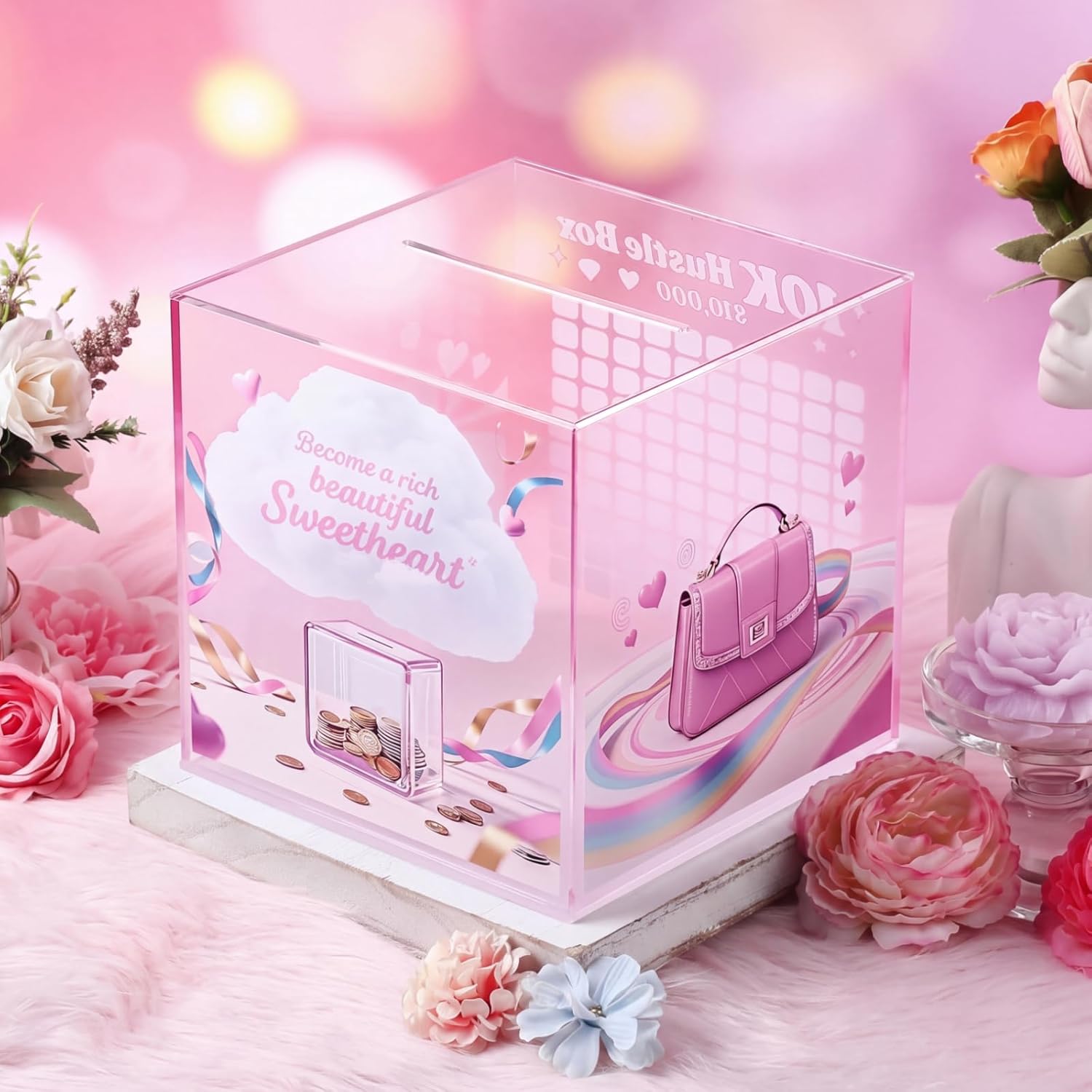Hiboom 10k Smash Box Money Saving Challenge, 6.7 Inch Pink Acrylic Piggy Bank, Break-to-Open Cash and Coin Storage Box for Adults Women(Classic)