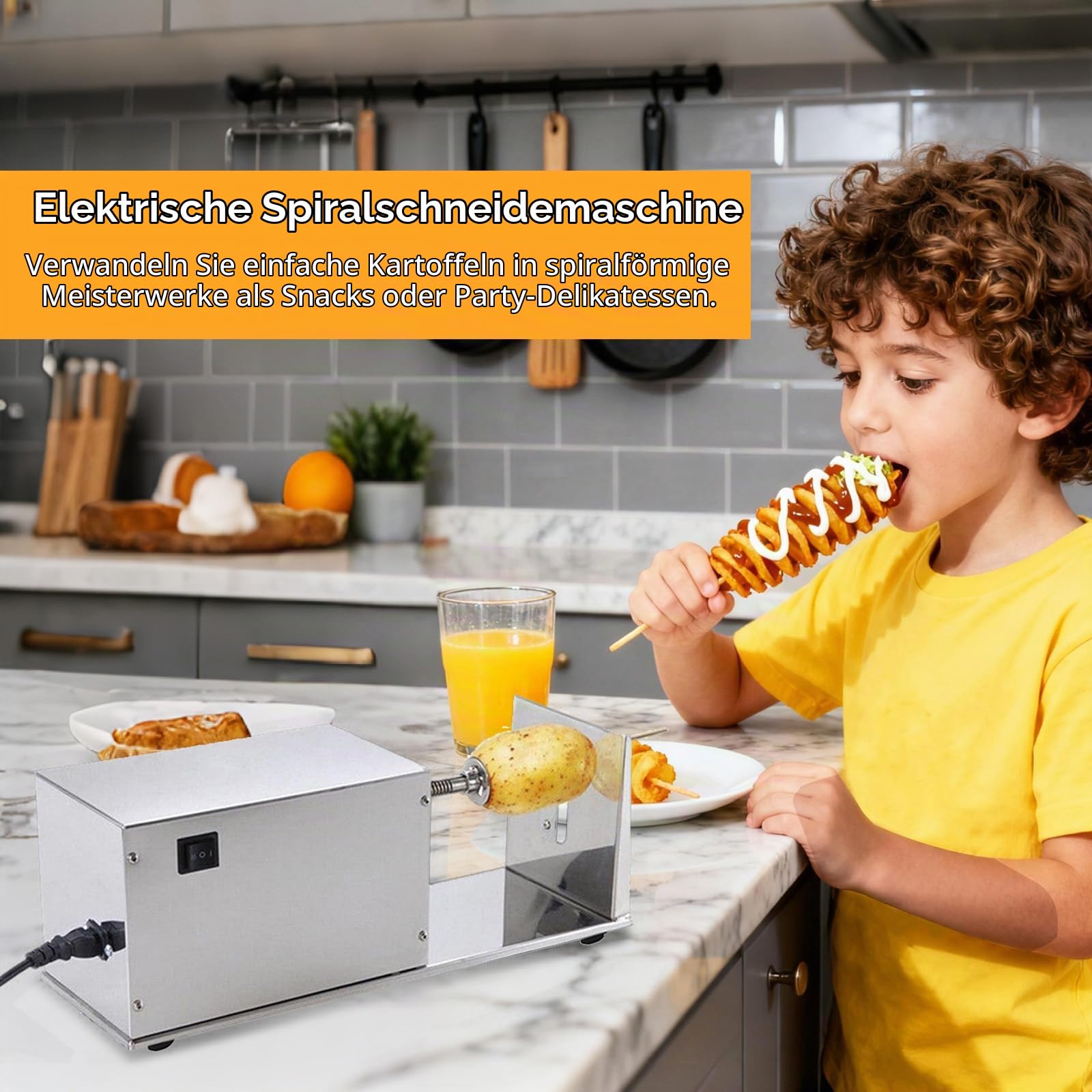 Elektrischer Spiralschneider, Edelstahl Spiralschneider Elektrischer Tornado Kartoffelschneider Kartoffelspiralenschneider Automatischer für Obst Kartoffeln Gurken Karotten 50W 220V
