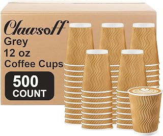 Clawsoff 500 Pack 12oz Insulated Disposable Paper Coffee Cups Champagne | Thick Corrugated Ripple Wall Heat Insulation,Leak-Proof,Hot & Cold Beverages,Home Cafe Office Travel Party Use