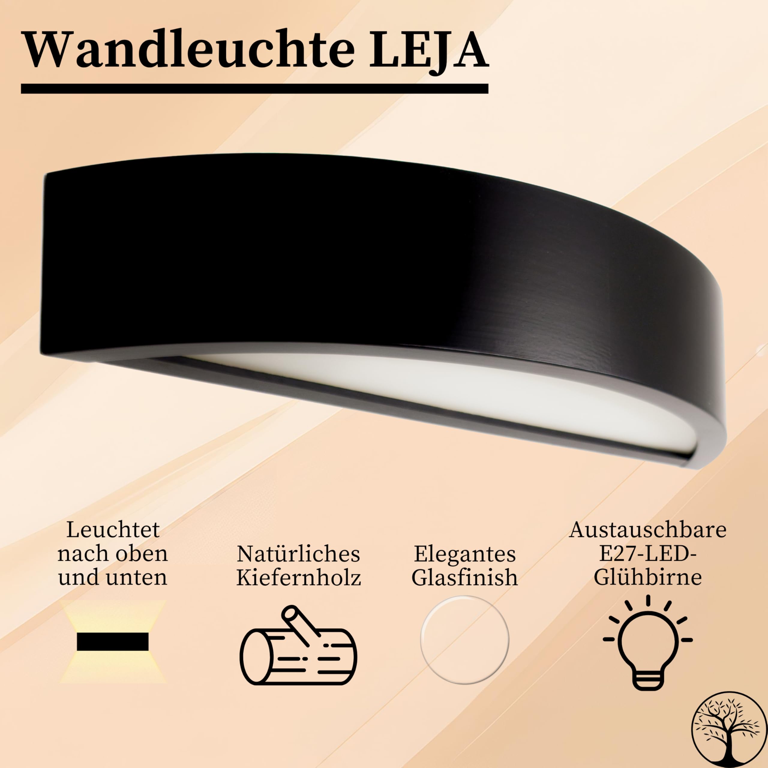 Wandleuchte Innen E27 Oben-Unten Beleuchtung - Wandlampe Holz Schwarz - Modern Halbrunde Wandbeleuchtung für Schlafzimmer, Wohnzimmer, Flur, Küche - Stilvolle Kiefernholz LEJA