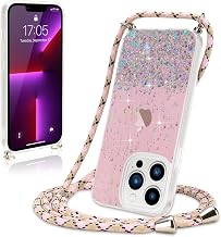 Wirvyuer Case with Cord for iPhone 13 Pro Glitter Case, Pink | Glitter Phone Case with Adjustable Cord, Transparent Silicone Case, Glitter Cover with Rope