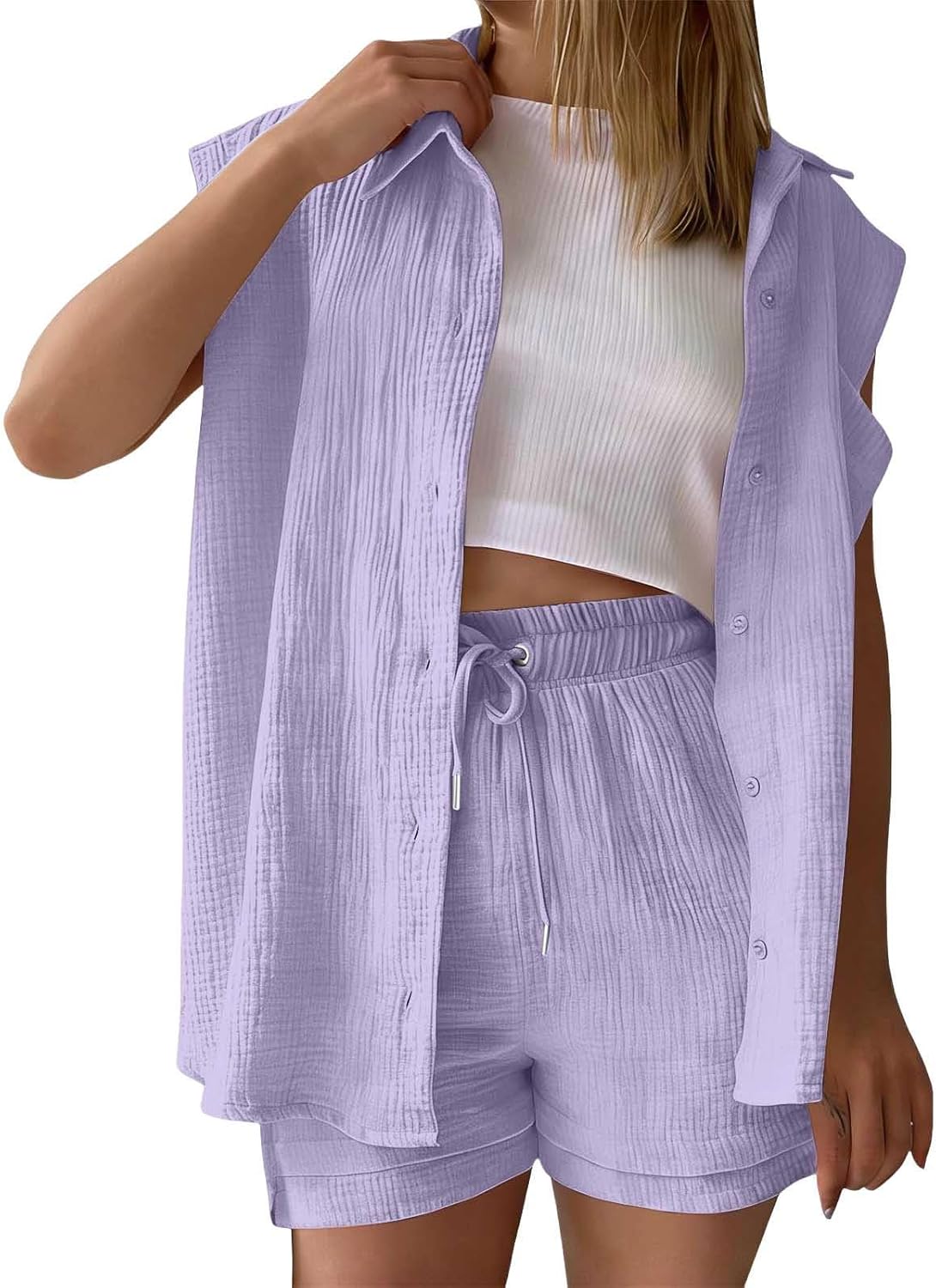 Xiaojmake Womens Linen Lounge Sets 2 Piece Outfits Casual Tracksuit Pajamas Button Down Gauze Shirt and Shorts with Pockets