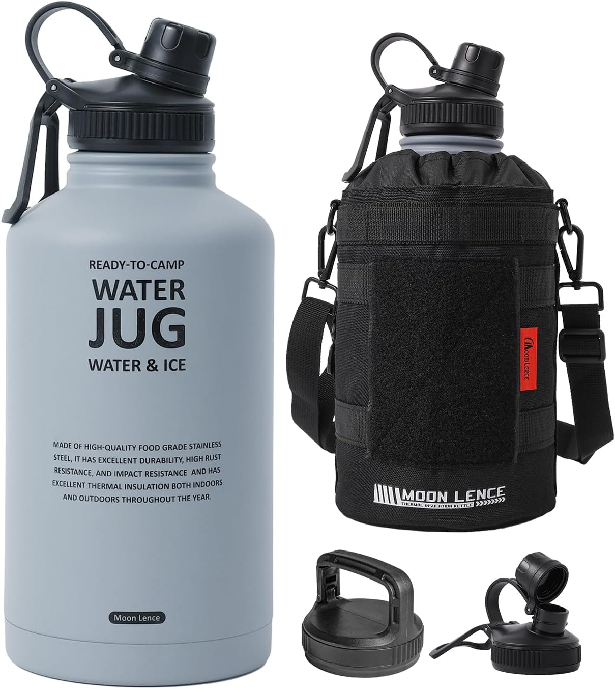 MOON LENCE Insulated Water Bottle, 64 oz Battle Water Jug with Molle Sleeve, Stainless Steel Water Bottles with Changeable Lids, Tactical Water Bottle for Camping, Hiking, Gym Hunter Green