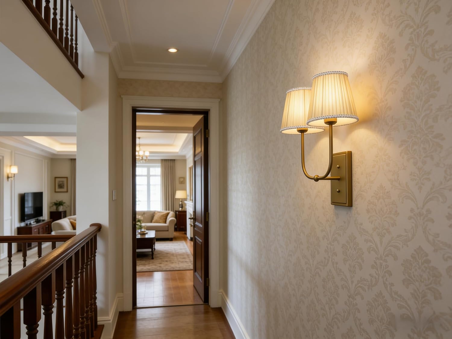 Vintage 2-Lights Wall Sconces with Khaki Gauze Pleated Fabric Shade, Double Heads Bathroom Vanity Lights Fixture, Indoor Wall Mounted Lamp for Bedroom Living Room Dining Room Hallway