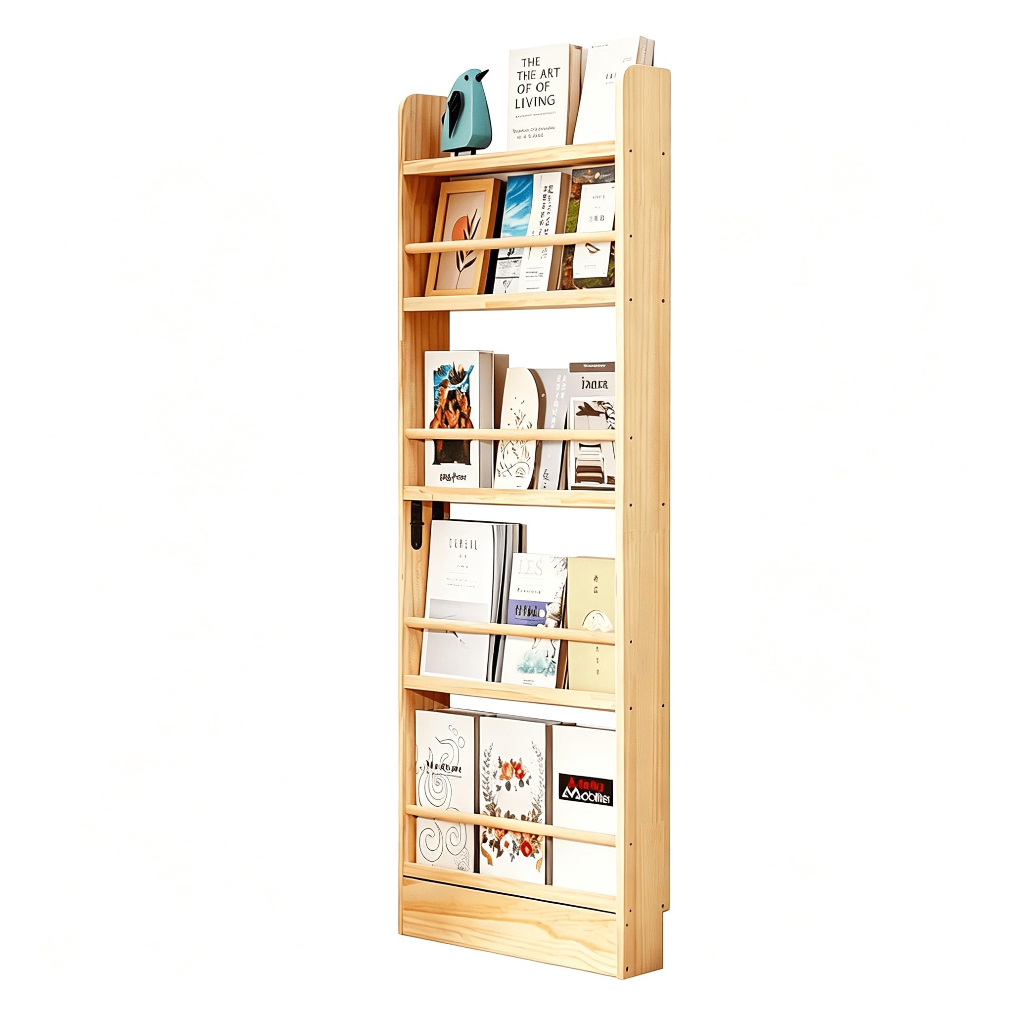 Libreria in Legno Massello con 5 Ripiani, Salvaspazio | Scaffale Porta Libri Verticale Slim con Barra Anticaduta| Profondità 10 cm per Cameretta e Soggiorno