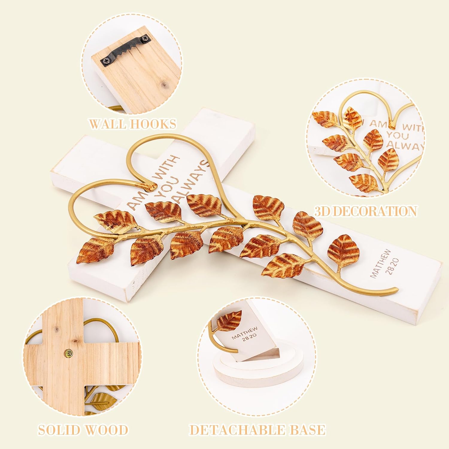 Wooden Wall Cross with Iron Heart Leaf Decorated with Hook and Base Hanging Wall Or Table Cross with Matthew 28:20 For Church Home Room Decoration (White)