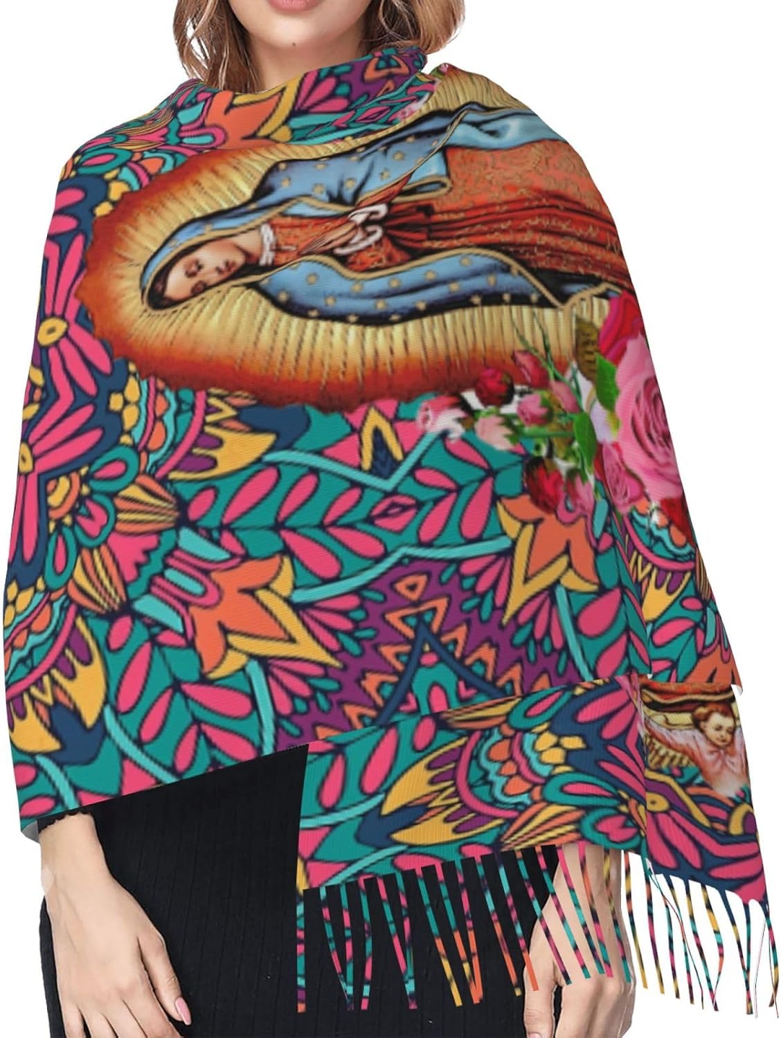 Virgin Mary Soft Warm Pashmina Scarf Tassel Scarves, Large Shawls And Wraps, Lightweight Scarfs For Women.