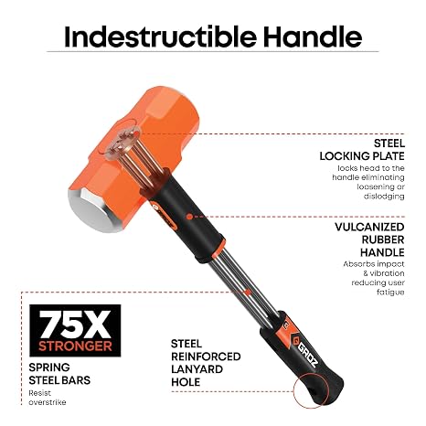 Groz 8 lb Sledge Hammer with Indestructible Steel Bar Handle, 12 Professional Demolition Hammer, Vibration-Reducing Grip, Never Break or Loosen (34522)