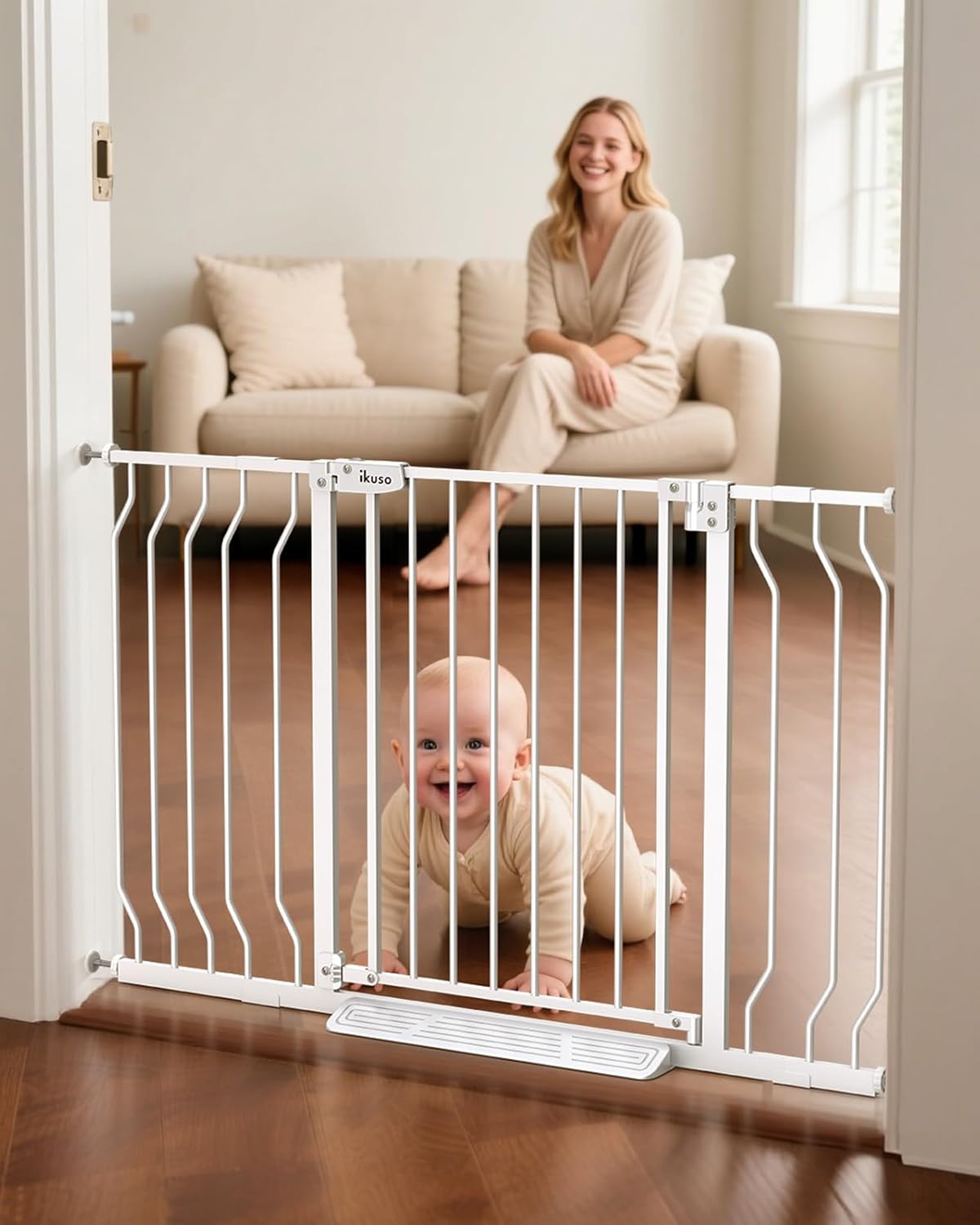 30"-48″ Extra Wide Baby Gate with 2 Extensions, 30.5" Tall, Pressure Mount for Kitchens, Stairs, and Doorways, Safe Passage for Crawlers, Pets & Seniors