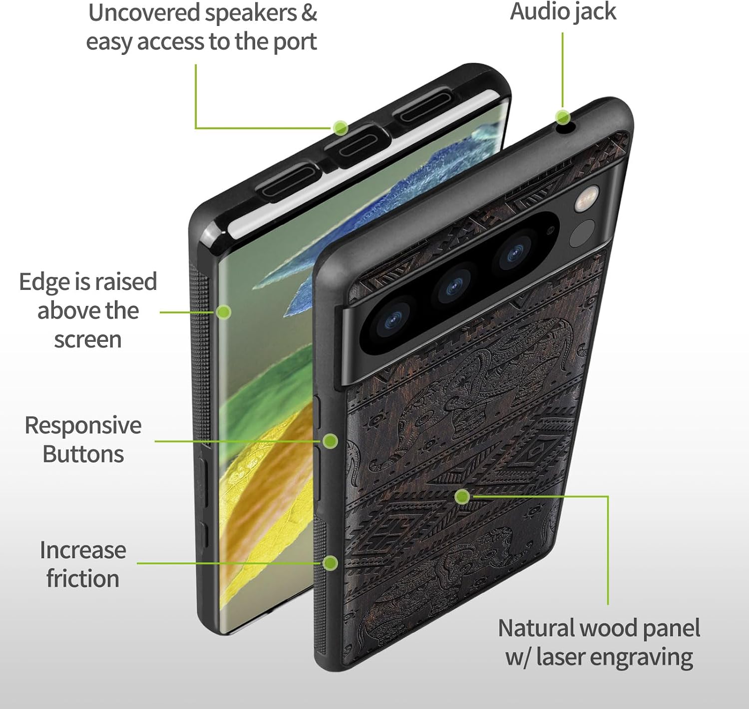Carveit Wood Case for Pixel 8 Pro Case [Natural Wood & Black Soft TPU] Shockproof Protective Unique Wooden Cover Compatible with Google Pixel 8 Pro (Ethnic Elephant-Blackwood)