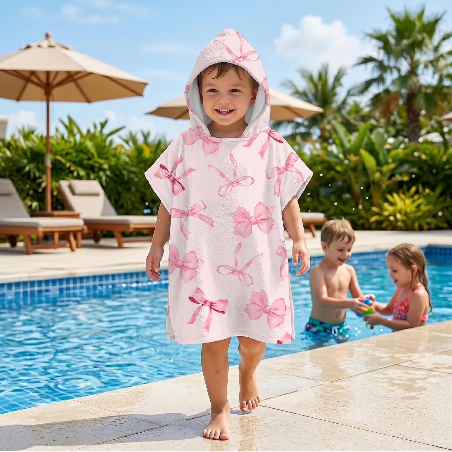 Absorbent Hooded Towel for Kids, Pink Bow Hooded Poncho Beach Towels Microfiber, Pink Bowknot Bath Towels Poncho for Toddler Robe, Quick Dry Kids Beach Towel for Pool Swim, Gift Idea for Girl