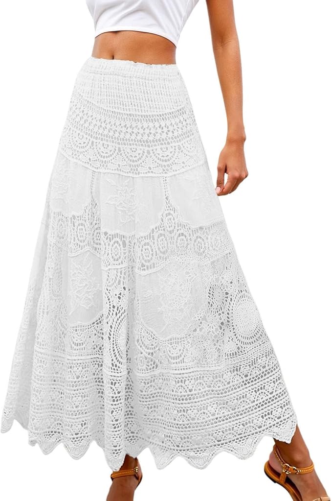 Generisch Elegant Boho Beach Style Crochet Lace Floral Embroidery Hole Midi Skirt