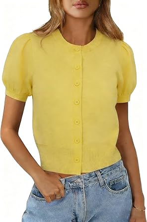 Womens Puff Short Sleeve Cardigan Summer Button Down Sweater Knit Tops