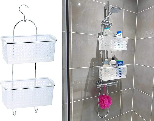 HOMION 2 Tier Large Hanging Caddy With Plastic Extra Deep Baskets Shower Rack Storage Bathroom Organiser
