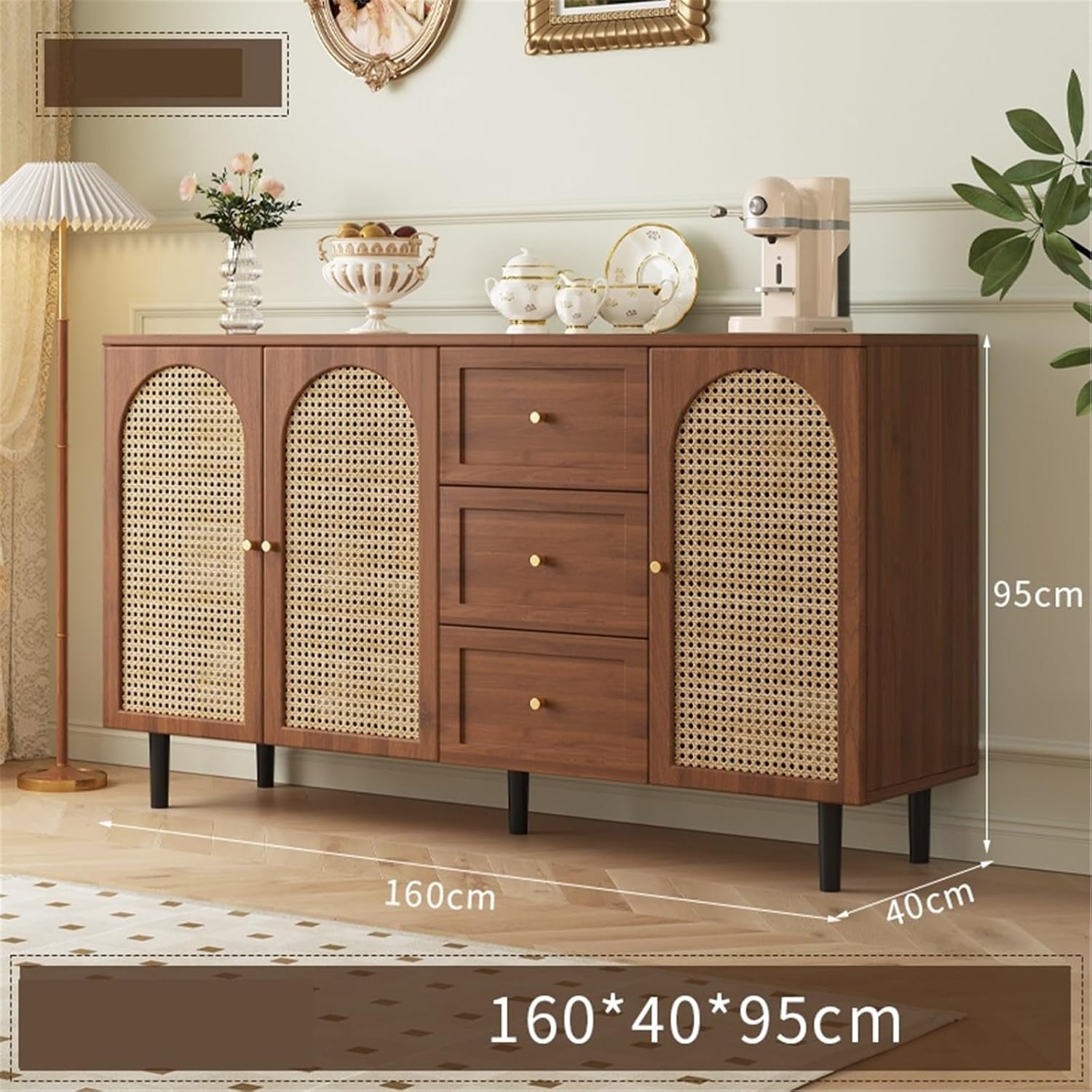 Sideboard Cabinet Sideboard Simple Rattan Storage Three Doors with Drawers Home Restaurant Tea Kitchen 160cm Console Coffee Table