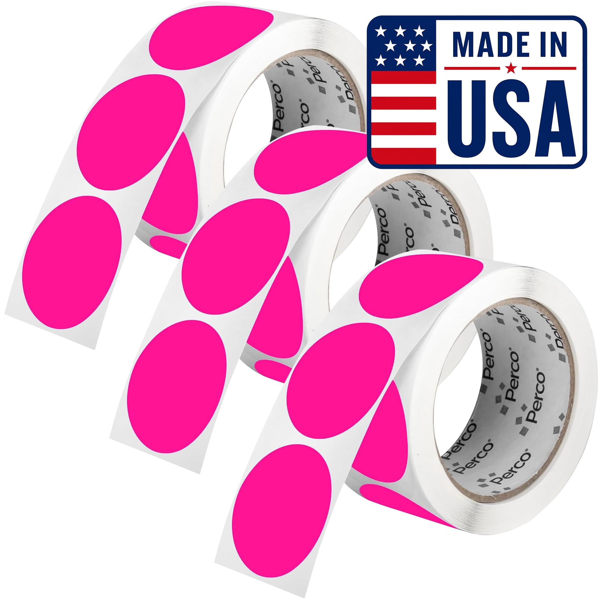 Perco Neon Pink Perforated Round Circle Dot Sticker 2-Inch Labels — 3 Rolls, 1,500 Stickers - Promo, Event &amp; Gift Packaging Labels, High Visibility, Strong Adhesive - Made in USA